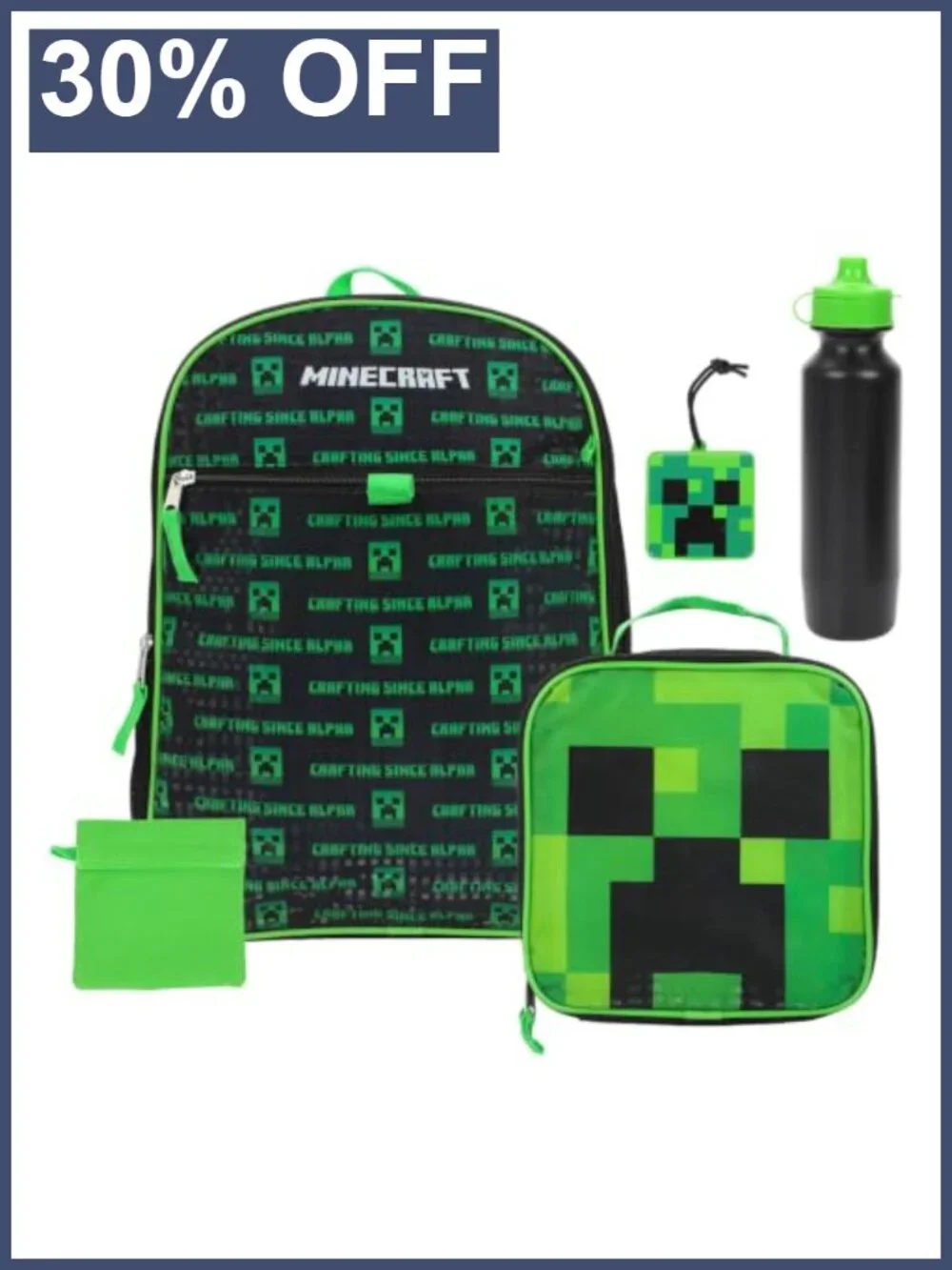 Minecraft Creeper Youth 5-Piece Backpack Set with Lunch Box, Water Bottle &